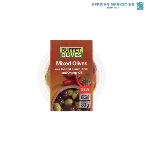 1050-1373 OLIVES TOASTED CUMIN CHILLI & ORANGE OIL 14x80g *BUFFET