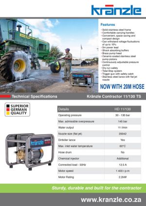 Kranzle Contract Hd 11/130 Pressure Washer Brochure