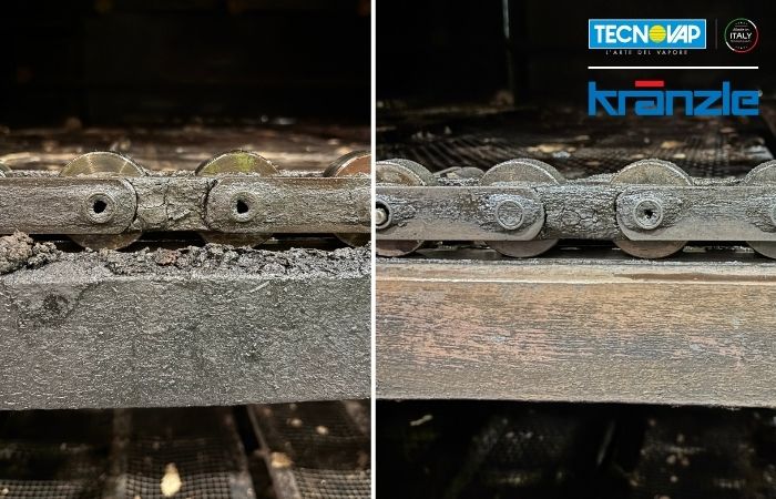 Grease build up of industrial chain cleaned with steam cleaner