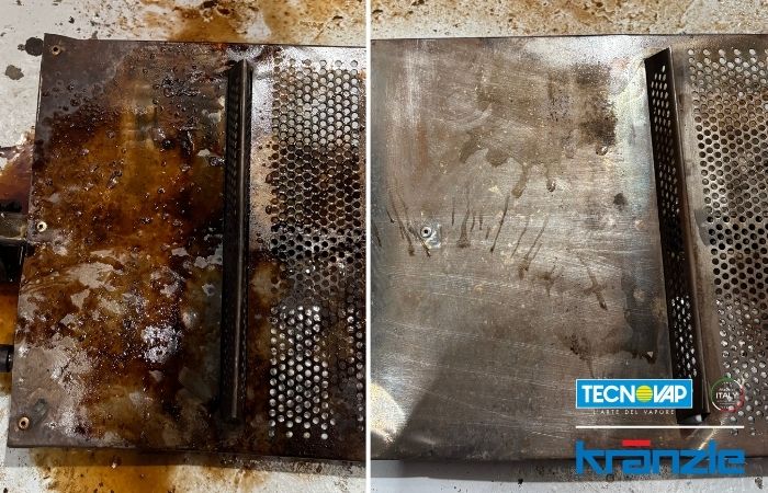Stainless steel food tray before and after steam cleaning